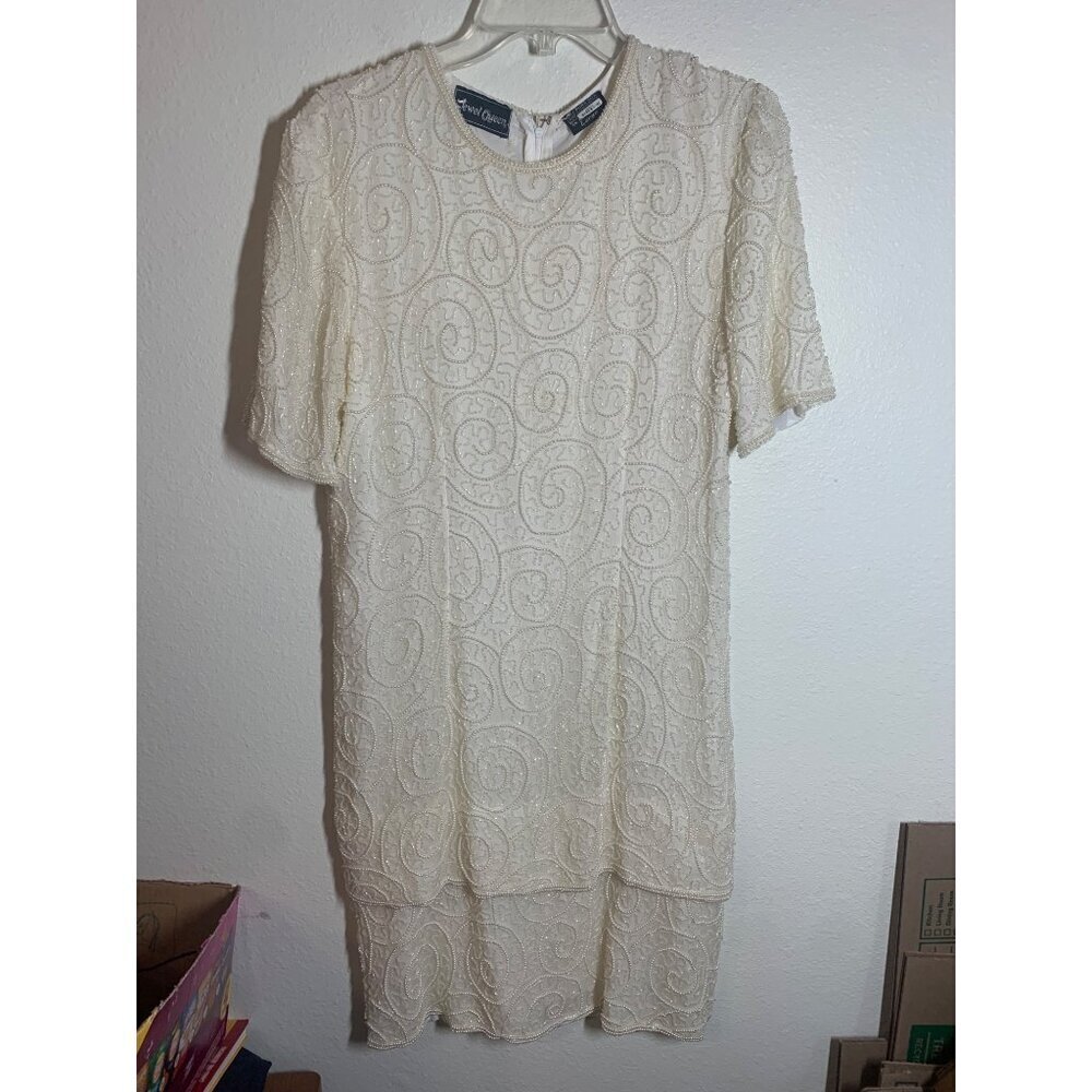 Vintage Jewel Queen Beaded Silk Dress Formal Y2K Granny Off White Sz Large India